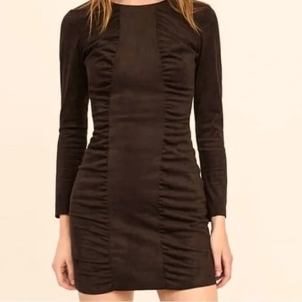 NWOT Zara Basic Brown Ruched Faux Suede Bodycon Dress. Size Medium.